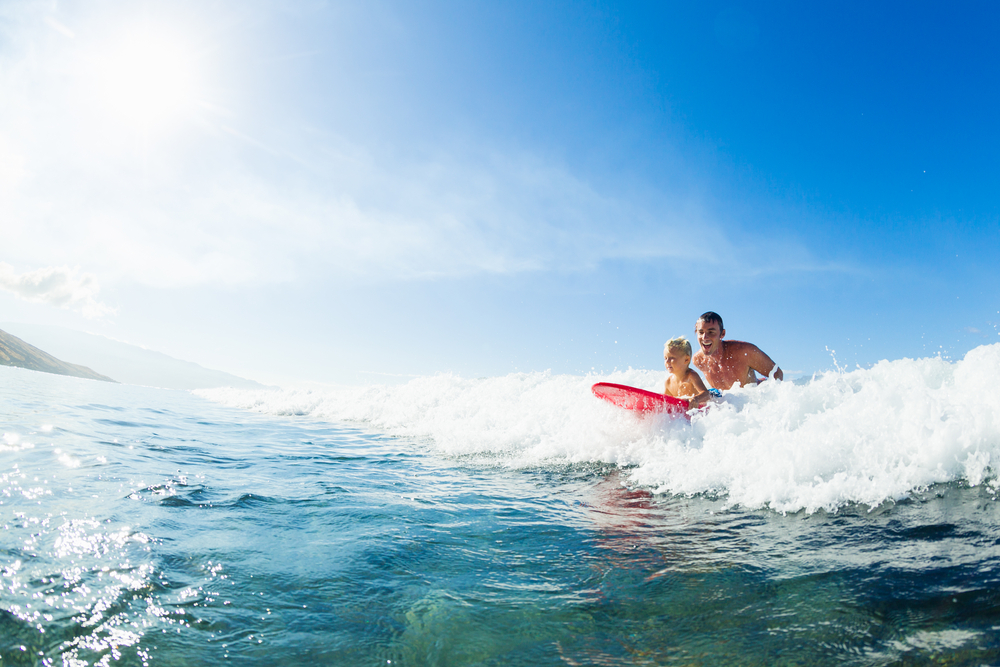 Father and Son Surfing, Riding Wave Together, Fiji activities