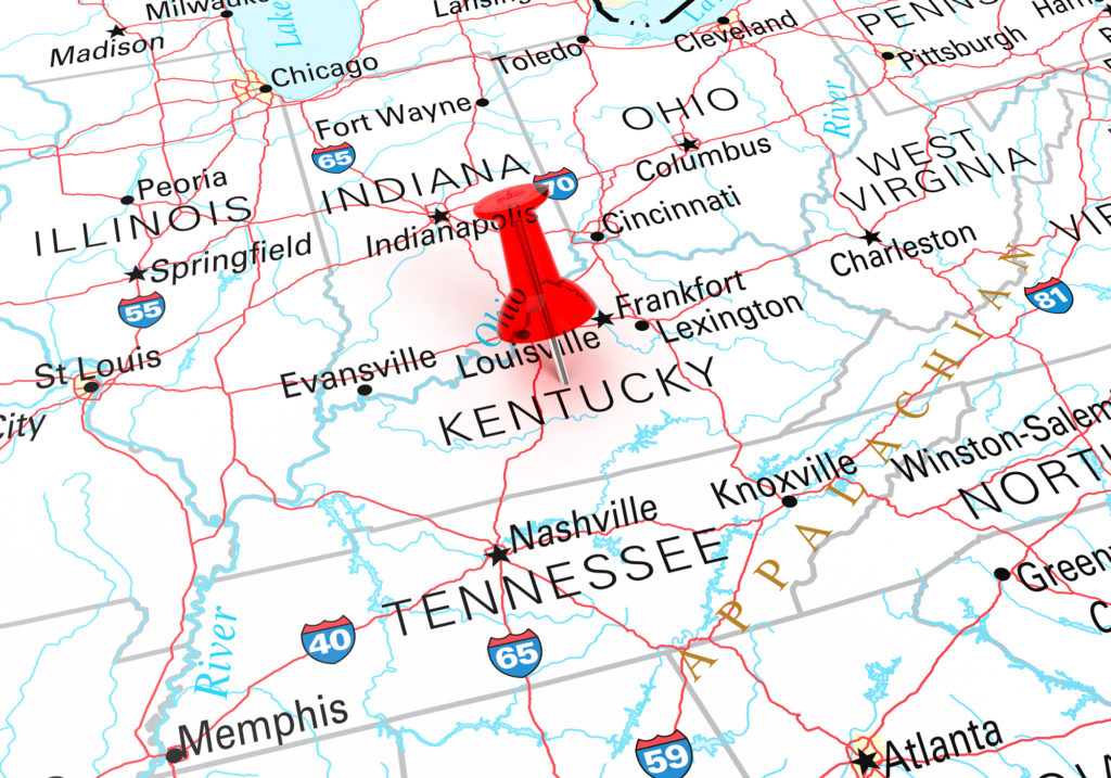 Red Thumbtack Over Kentucky State USA Map. 3D rendering