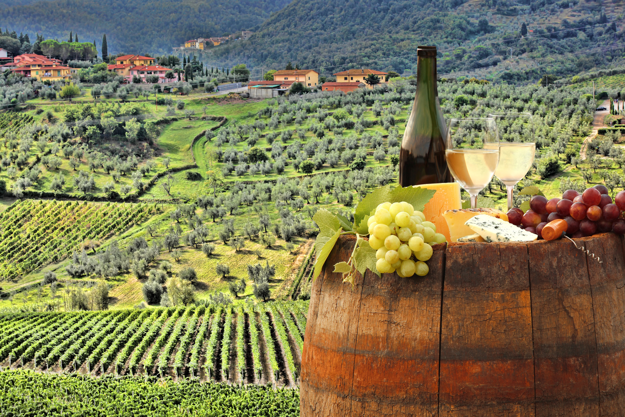 Exploring Wine Country as a Couple - White Wine on a Barrel Overlooking Vineyard in Chianti Tuscany